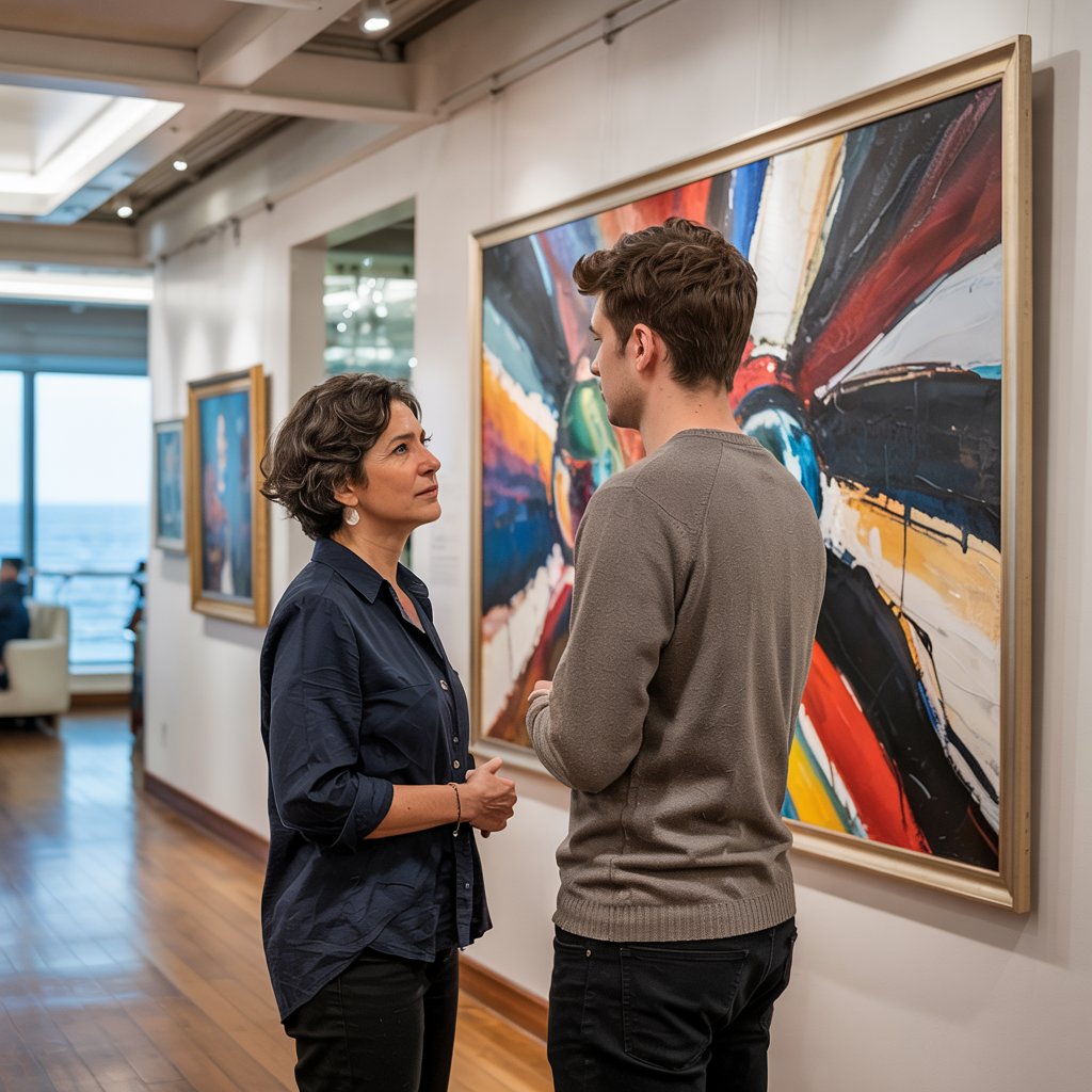 Two people in an Art gallery on a cruise ship before an auction