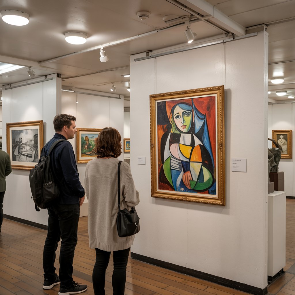 Two people in an art gallery on a cruise ship looking at a Picassos