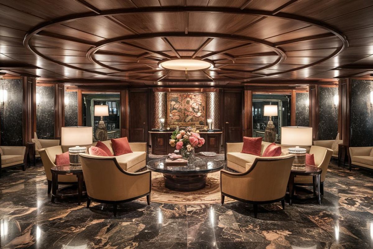 Queen Victoria lounge with rich designs with heavy woods and marble