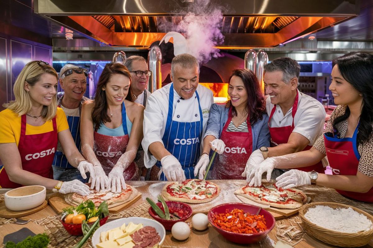 Guests making pizza on a Costa cruise ship.