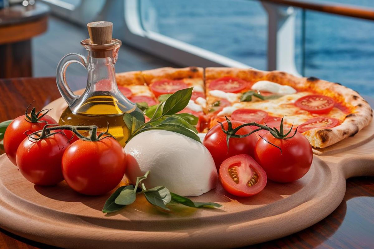 Pizza ingridents, tomatoes, homemade mozzarella, olive oil , on a Costa Cruise ship