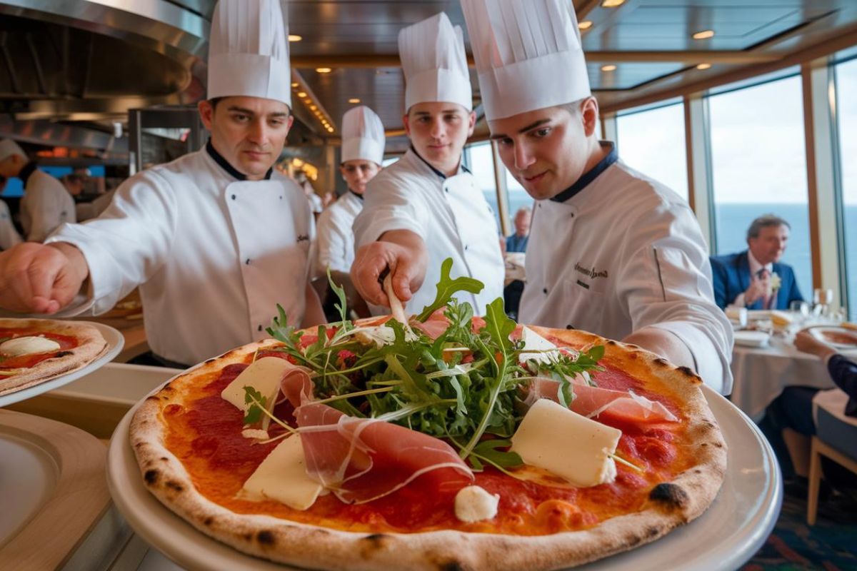 food experts creating a pizza on a Costa cruise ship.