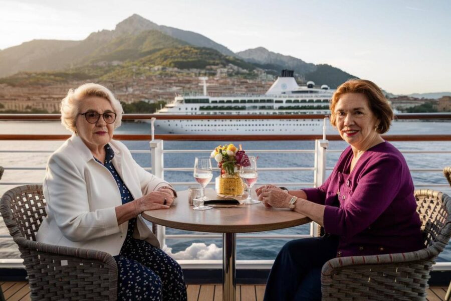 2 older ladies on Costa Cruise ship with italy in the background