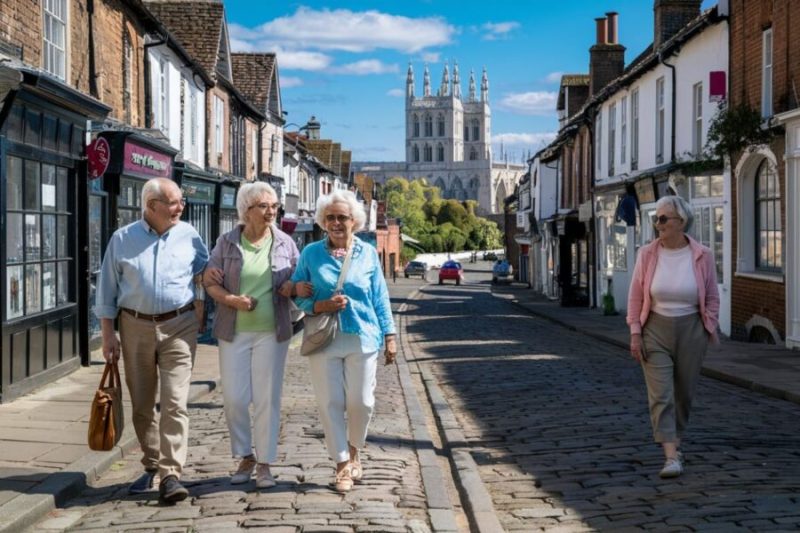 4 older people in casual clothes walking around Portsmouth Port