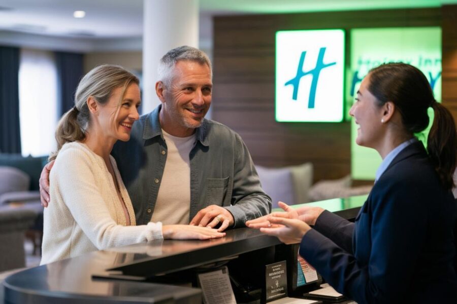 Couple checking in at the front desk in the Holiday Inn Hotel in Portsmouth