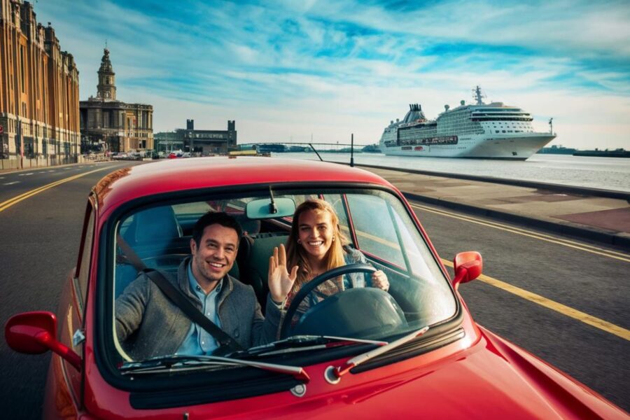 Couple driving to the port of Liverpool for their cruise