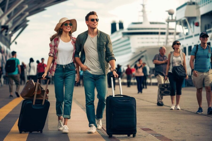 Couple dropping off luggage at port of Liverpool for their cruise