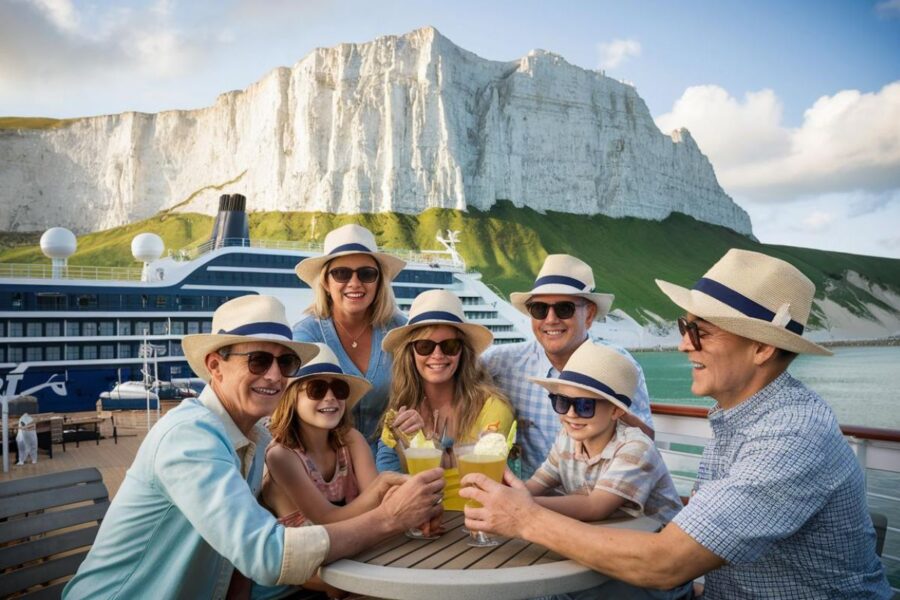 Couple on a Celebrity Cruise with White Cliffs of Dover in the background (1)