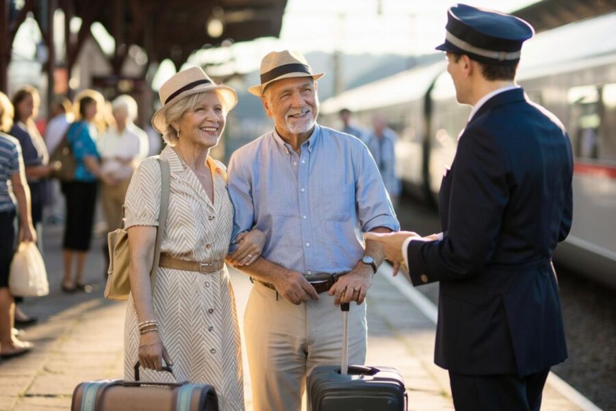 Couple talking to the conductor with a train arriving at Portsmouth Station station.