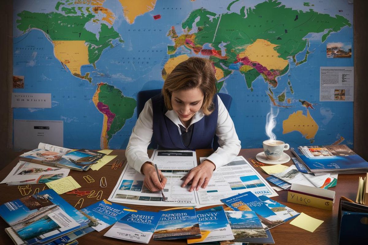 Cruise agent sitting at a desk looking for cruise deals