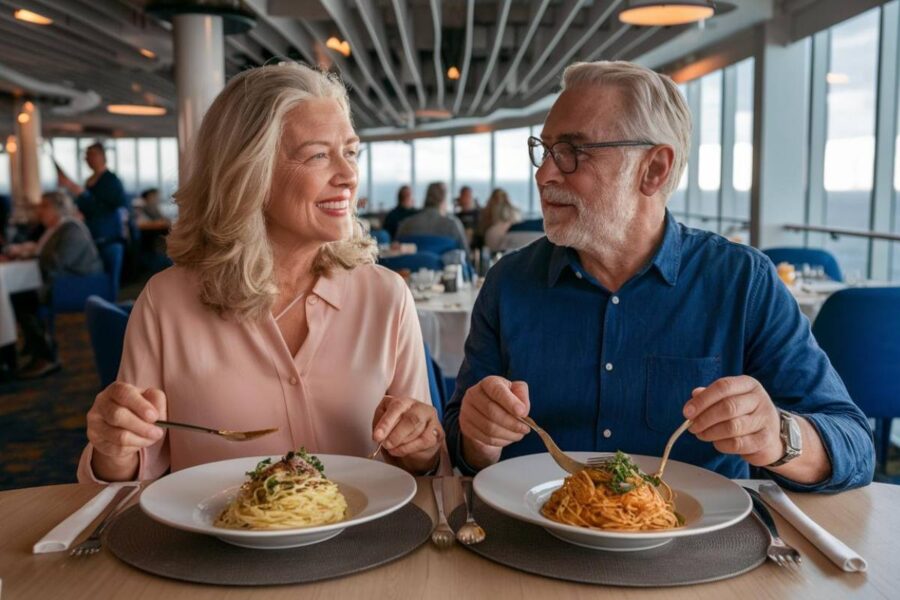 Crystal an older couple enjoying pasta on a Costa cruise ship during the dayship Destinations in the med
