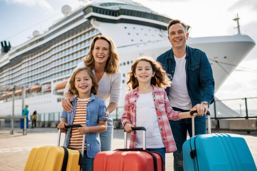 Family waiting at the cruise ship terminal at Portsmouth Port