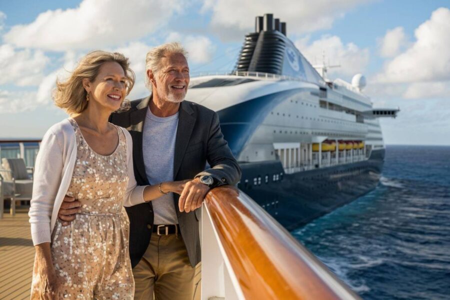 Older couple causally dressed on the deck of a Crystal Cruise ship