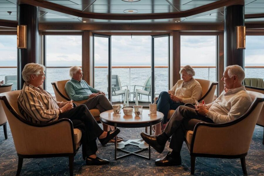 Small group of older people in a quiet bar on a Crystal cruise ship