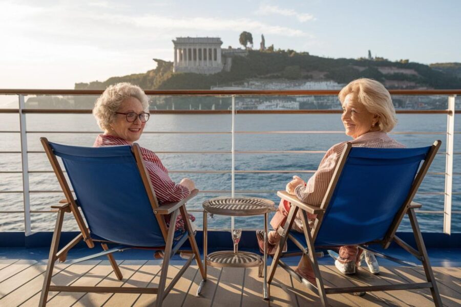 Two ladies sitting on the deck of a Celebrity Cruise