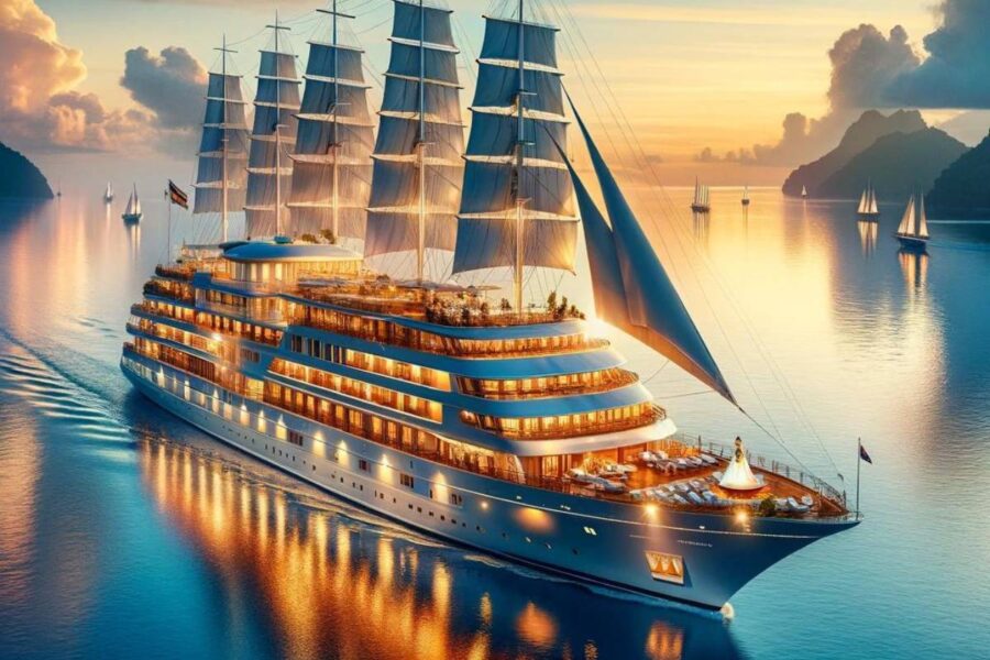 luxurious Windstar cruise ship sailing during a serene sunset