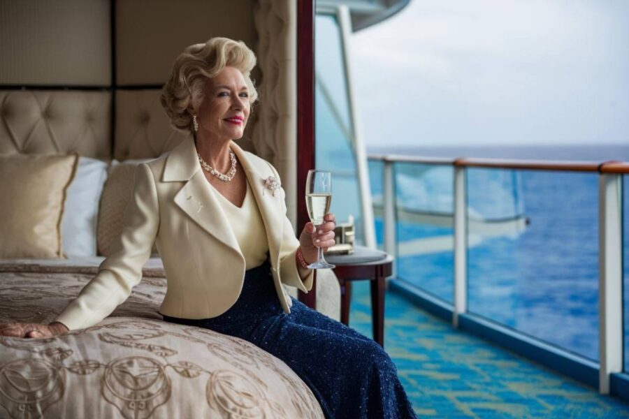 older lady sitting on the bed in a Crystal cruise ship