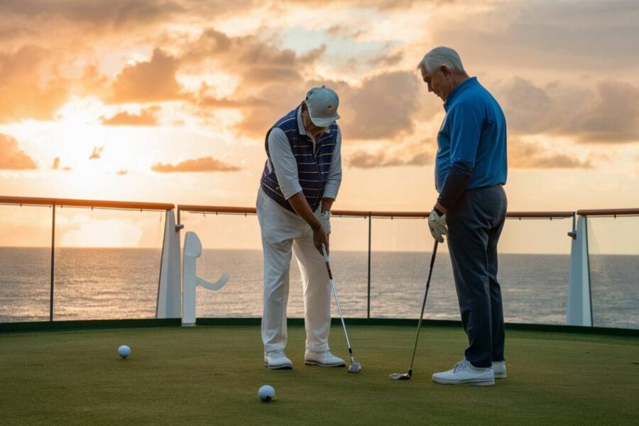 older man getting golf instruction on a cruise ship deck