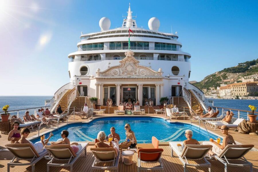 swimming pool on a Costa Cruise ship with italy in the background