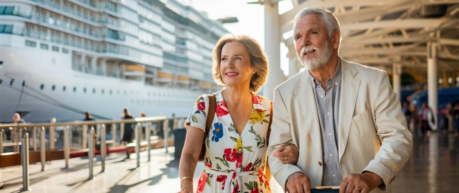 Couple boarding a cruise ship at Portsmouth Port