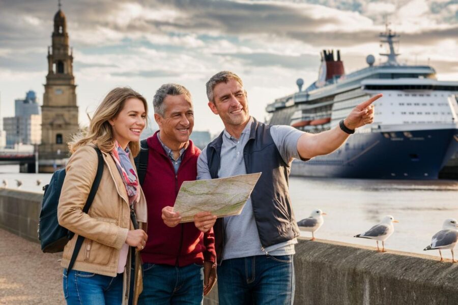 Couple exploring the port of Liverpool with a guide