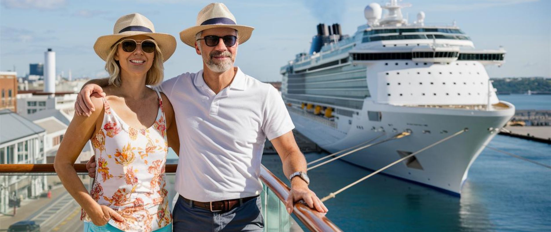 Couple on a Cruise from UK with Southampton port in the background