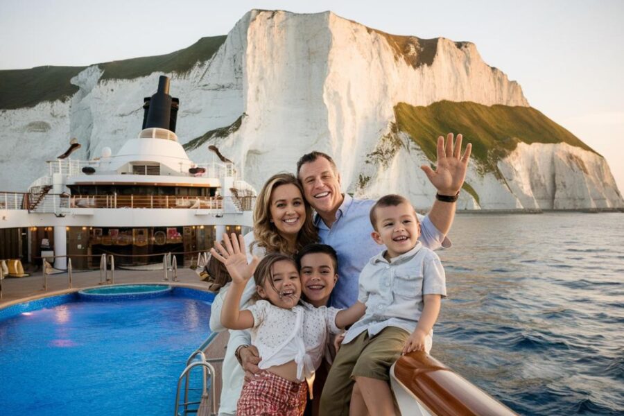 Family on a cruise ship with the Port of Dover in the background (1)