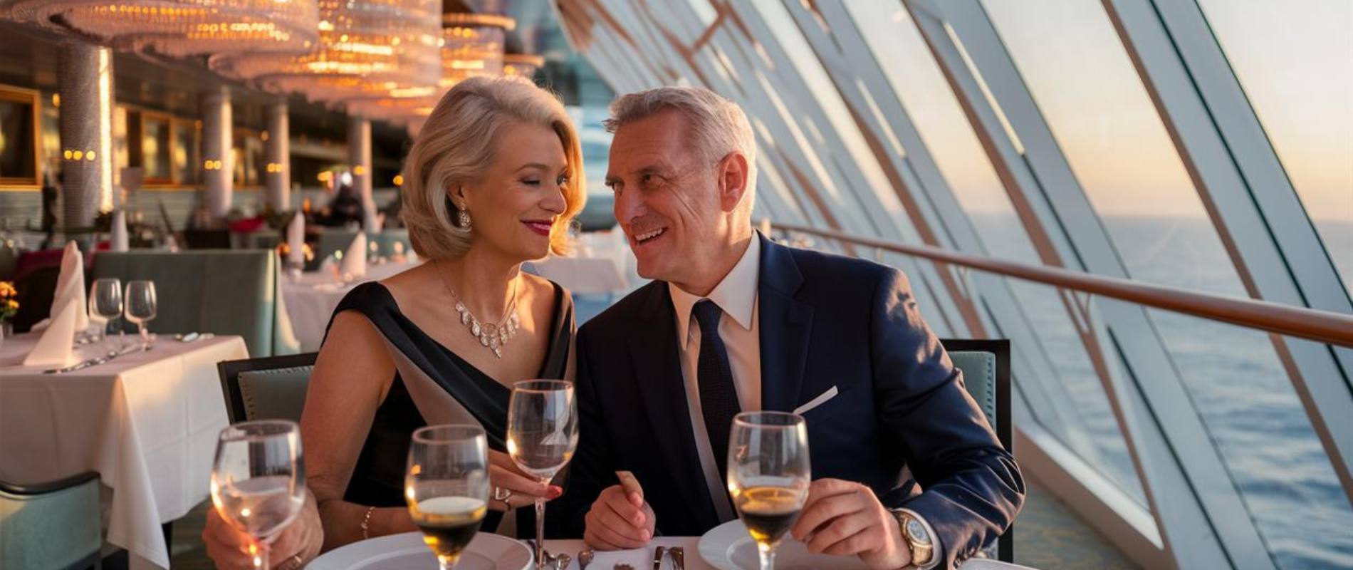 Older couple at a restaurant on a Crystal Cruise ship