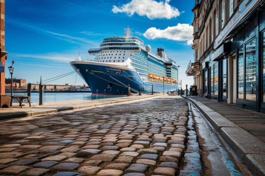 Port of Liverpool on a sunny day with a cruise ship