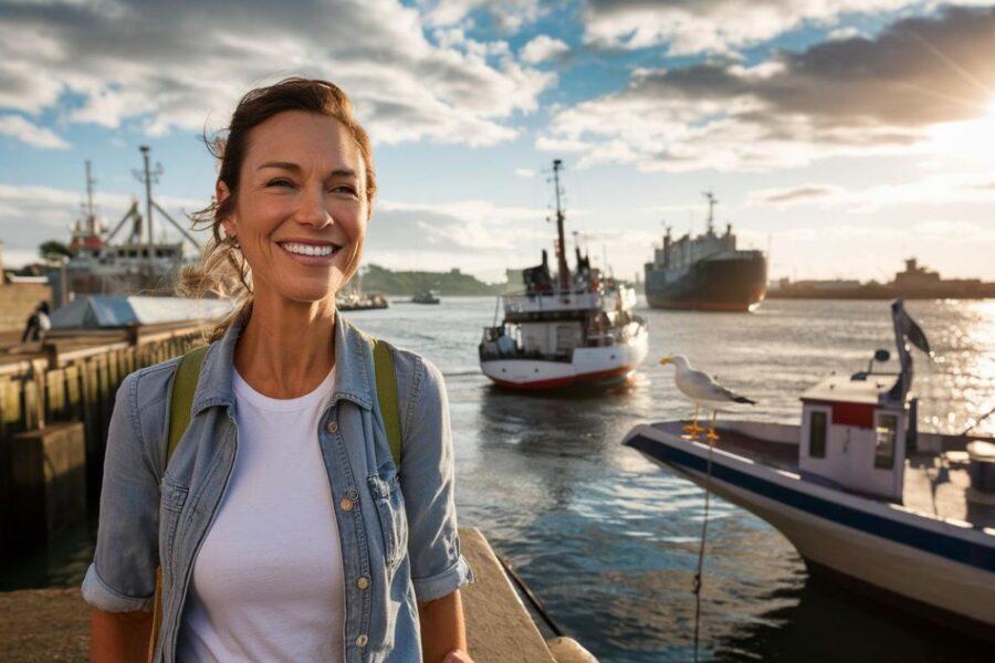 close up of a lady in casual clothes, waking in Southampton port UK on a sunny day