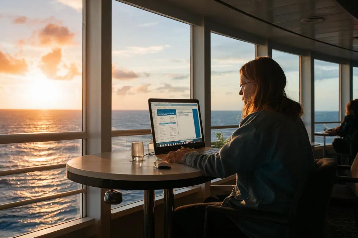 A lady staying connected to the internet on a cruise from the UK