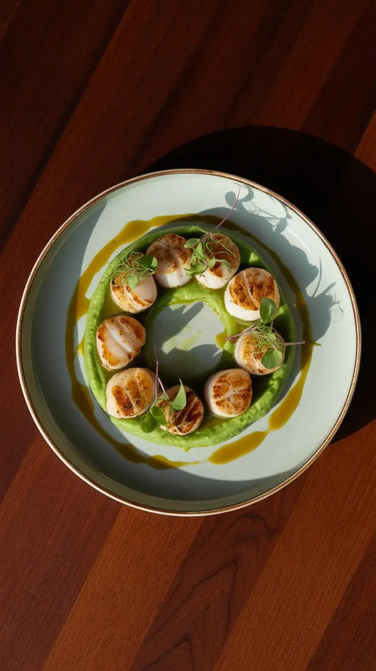 A photograph of a meticulously plated gourmet meal viewed from directly above. The dish features seared scallops arranged in a circular pattern atop a bed of vibrant green pea puree, garnished with delicate microgreens. A drizzle of rich truffle oil shimmers across the plate, highlighting the contrasting textures and colors of the ingredients. The plate rests on a polished dark wood surface, softly lit by natural light creating subtle shadows and depth.