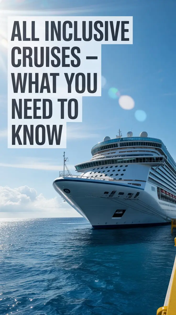 Text overlay aligned left: "All Inclusive Cruises – What you need to know". No other text. Bright sunny day. Cruise ship in the background.