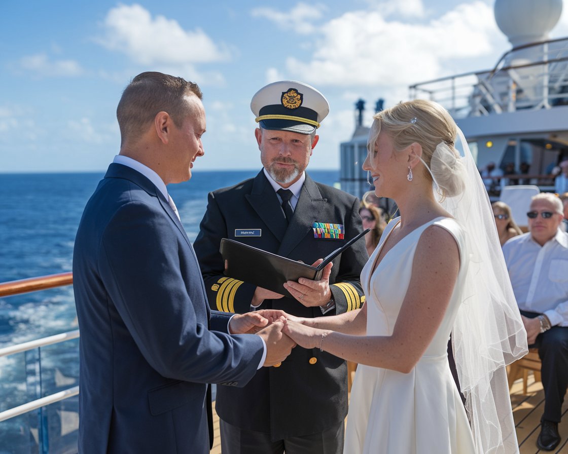 Couple getting married by the captain on a Royal Caribbean cruise ship.