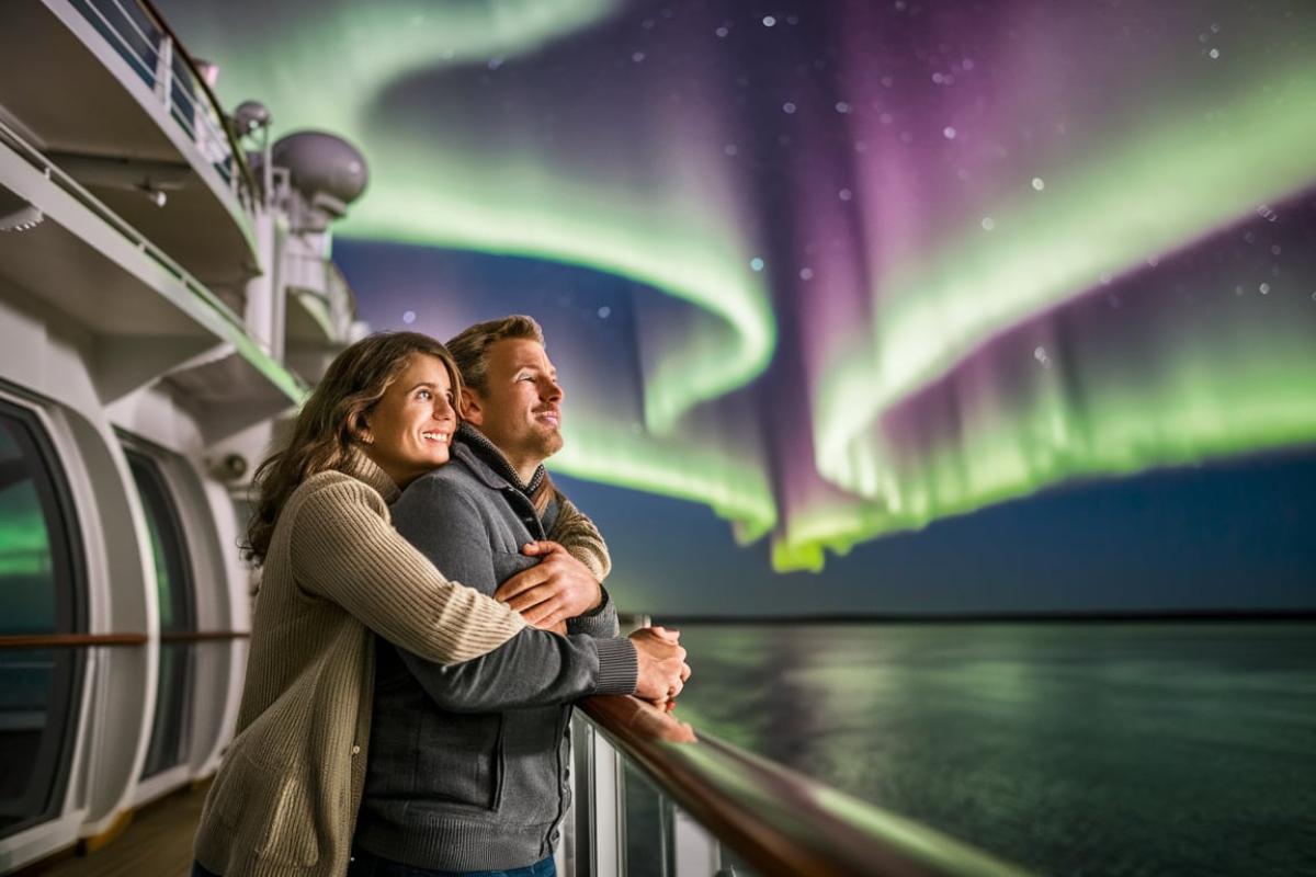 Couple standing on the balcony of a cruise ship looking at the Northern lights