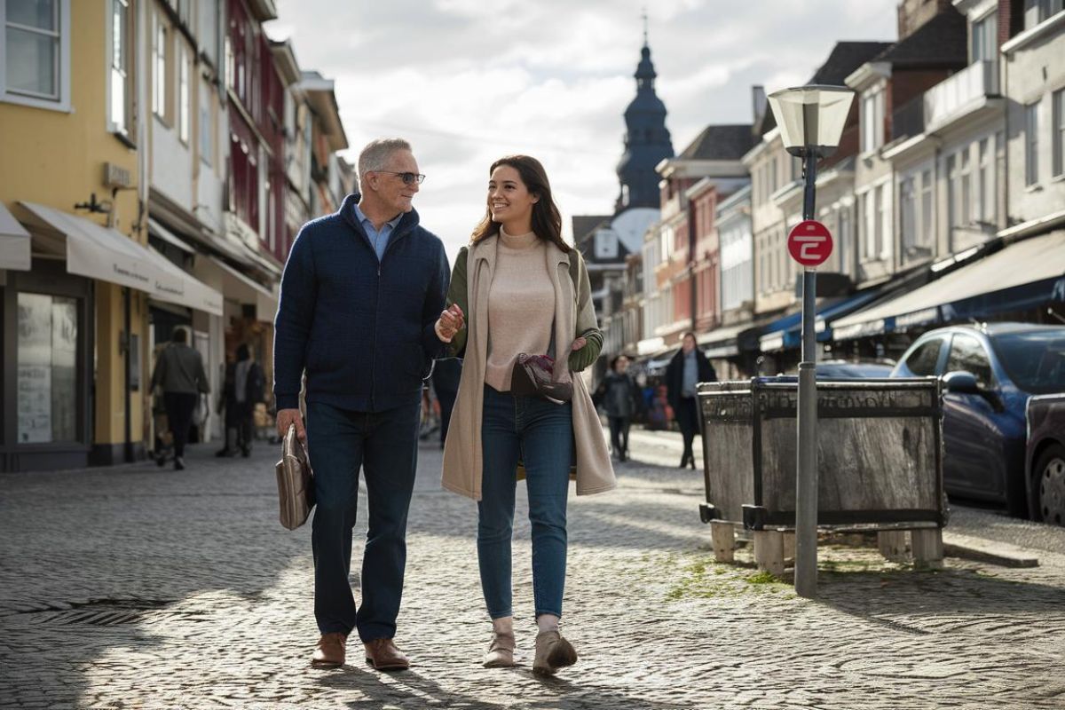 Couple walking around town in a port-of-call