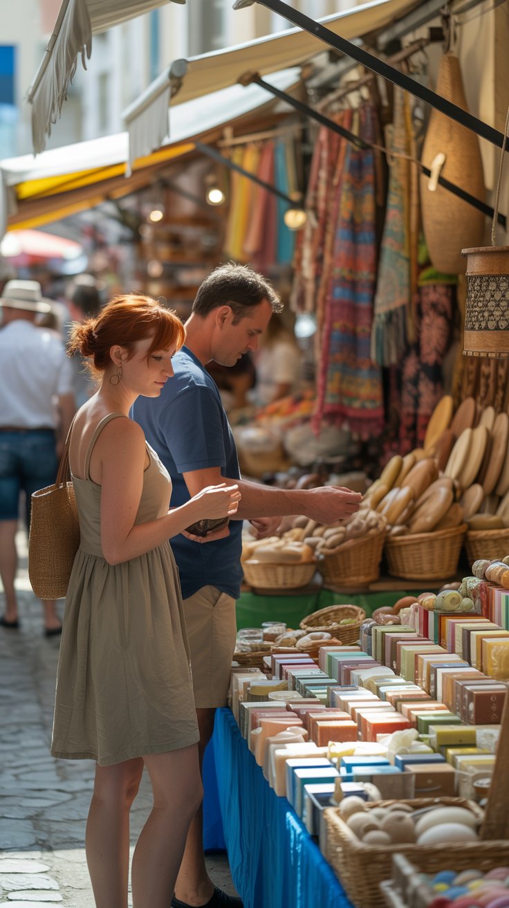 A photograph of two tourists exploring a bustling outdoor market in Corsica. A woman with auburn hair and a linen sundress is examining a display of colorful soaps, while a man with a blue shirt and khaki shorts studies a collection of handmade leather goods. The market stalls are overflowing with local produce, textiles, and ceramics; creating a vibrant and textured backdrop. Soft, diffused sunlight illuminates the scene, casting long shadows and highlighting the rich colors of the market.