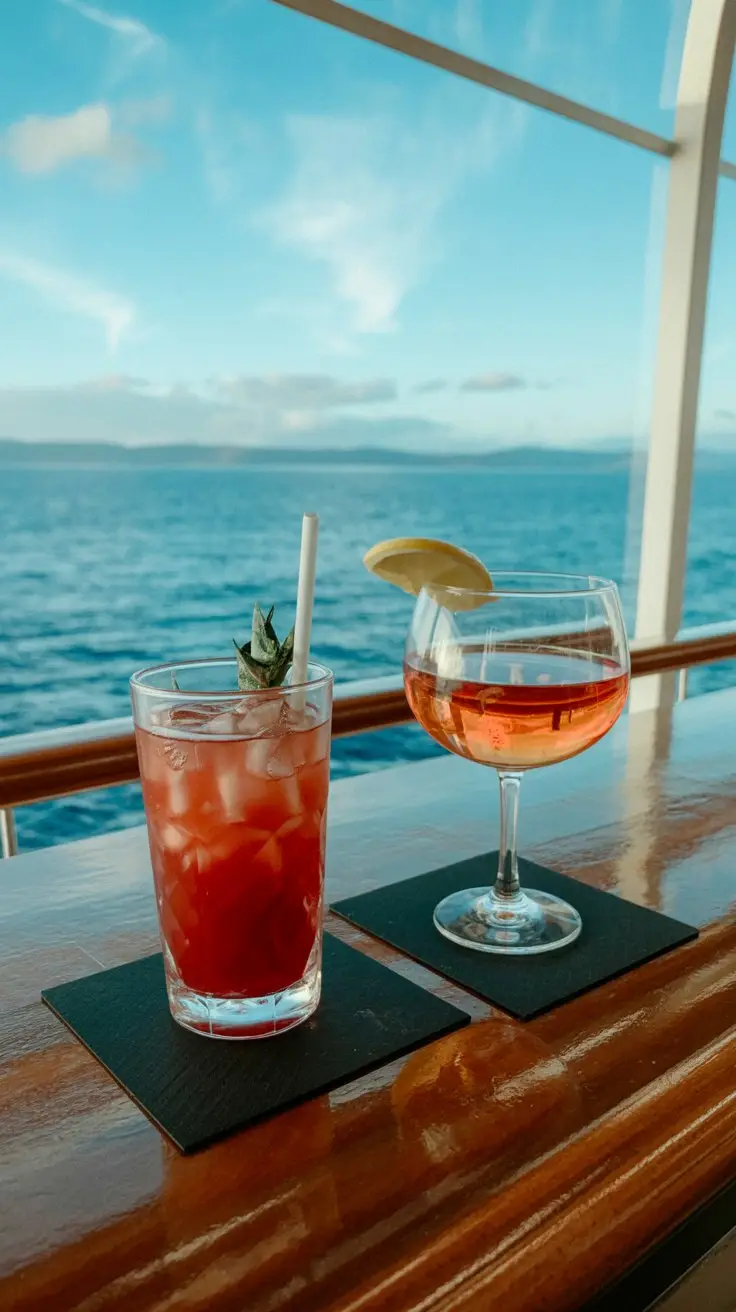 Casual drinks at a bar on a cruise ship. Don't add any text.