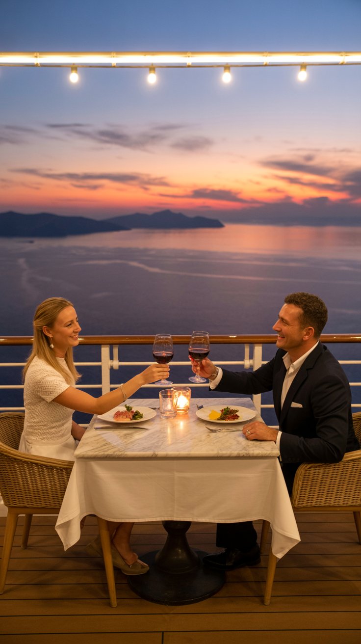 A photograph depicting two elegantly dressed tourists enjoying an al fresco dinner on the deck of a luxury cruise ship. They are seated at a marble table draped with a crisp white linen, each holding a stemmed glass of deep ruby red wine, and smiling warmly at each other. The background showcases the vast expanse of the Mediterranean Sea reflecting a vibrant sunset with hues of orange, pink, and purple, while soft string lights twinkle above. The scene is bathed in the warm glow of the setting sun, creating a romantic and serene atmosphere.