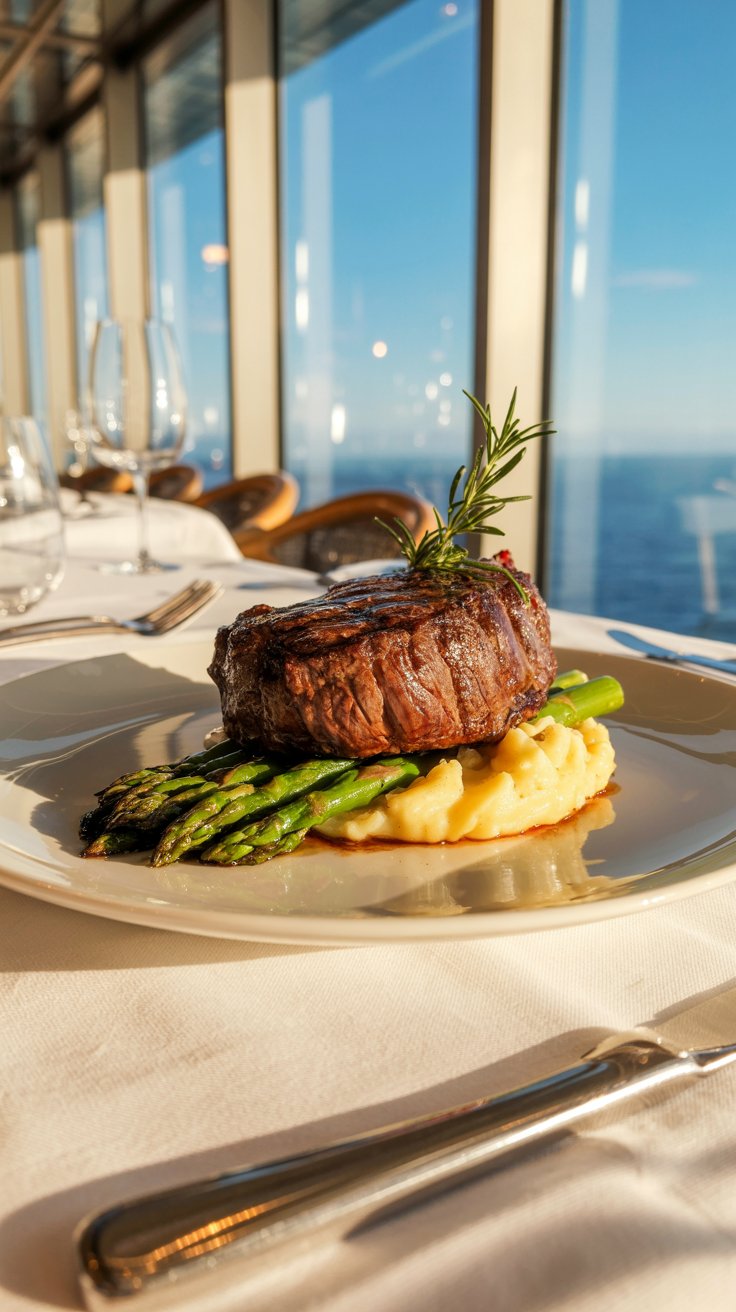 A photograph of a perfectly seared ribeye steak meal presented on a crisp white linen tablecloth in a luxurious fine dining restaurant. The steak, cooked medium-rare, boasts a rich, mahogany crust and sits atop a bed of vibrant green asparagus spears and creamy mashed potatoes, garnished with a sprig of fresh rosemary. Subtle reflections from the panoramic ocean view through the large windows illuminate the scene, creating a warm and inviting atmosphere within the cruise ship setting. Soft, focused background lights highlight polished silverware and elegant glassware, contributing to the ambiance of refined dining.