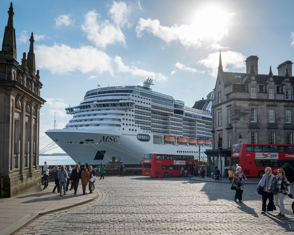 Edinburgh. MSC cruise ship in the background