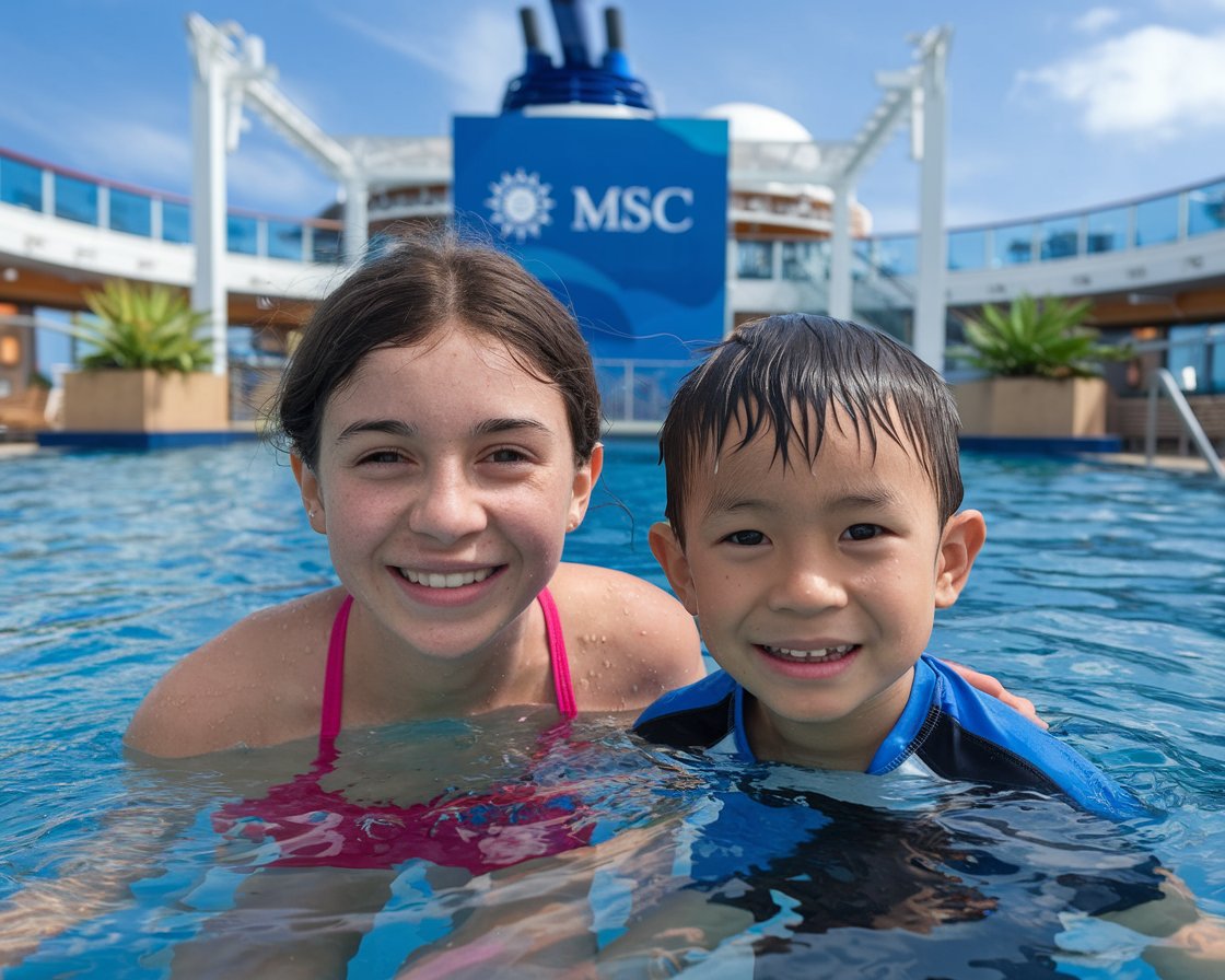 Girl and a boy in the swimming pool on an MSC cruise ship