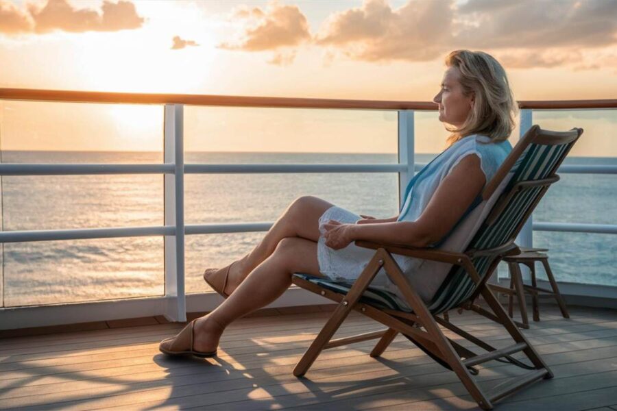 Jo sitting on a deck chair on a cruise ship