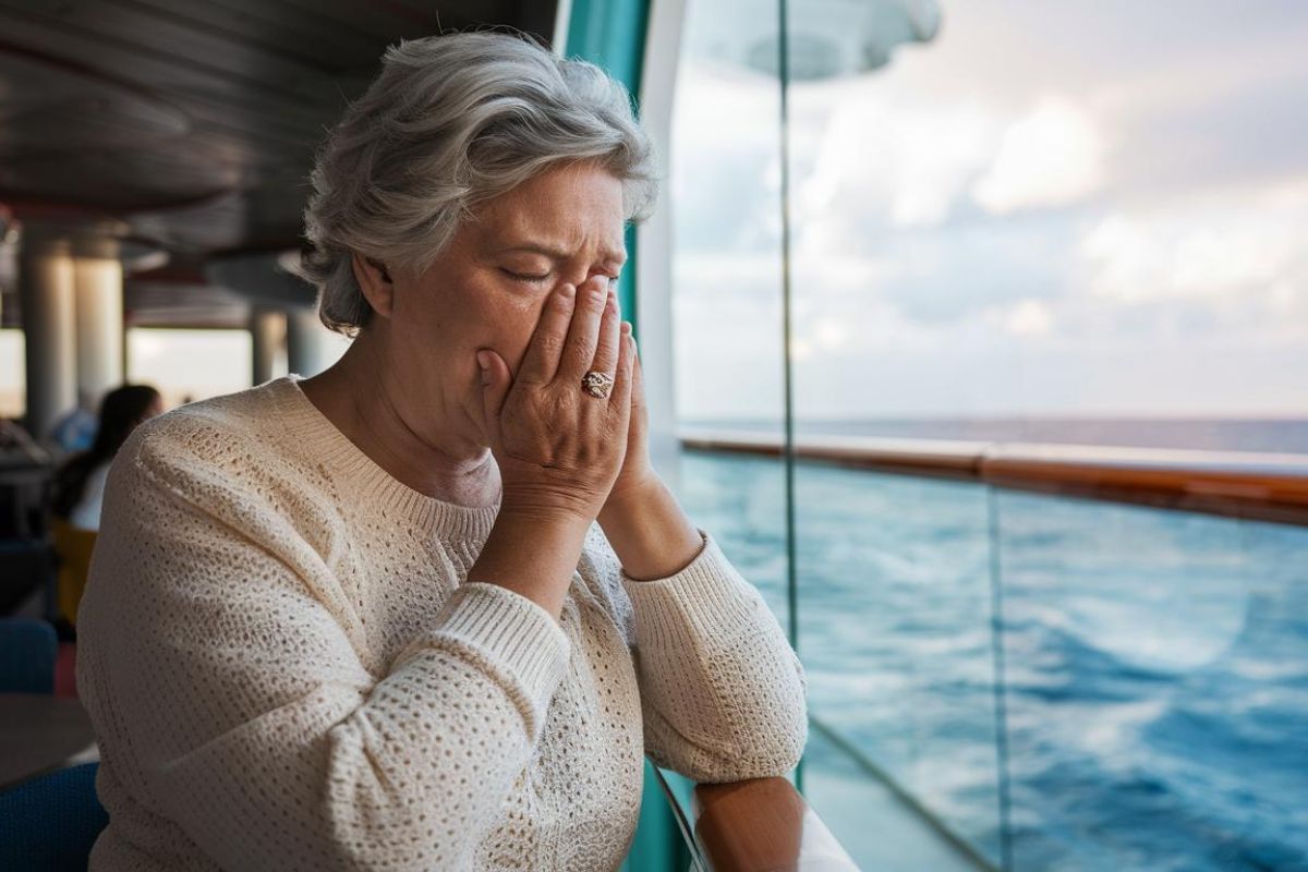 Lady feeling a bit sea sick on a cruise ship