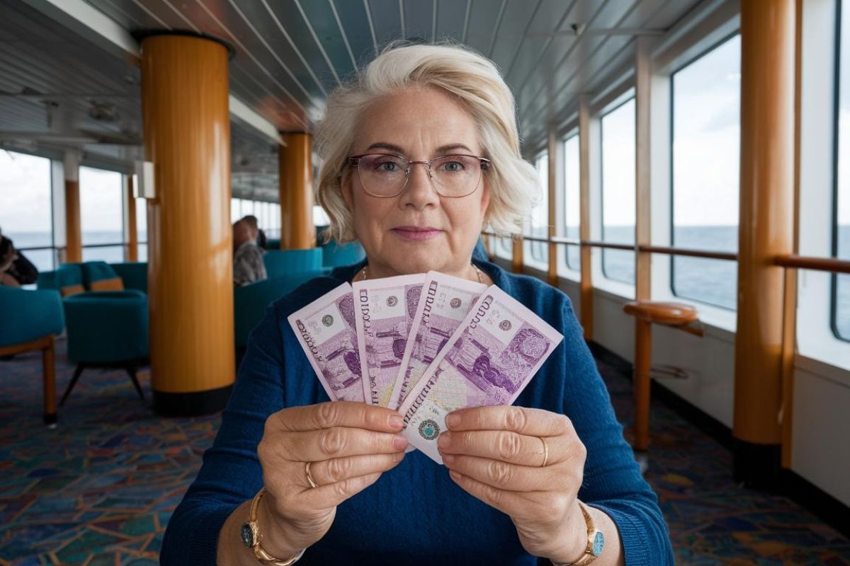 Lady holding British pound notes on a cruise ship from the UK