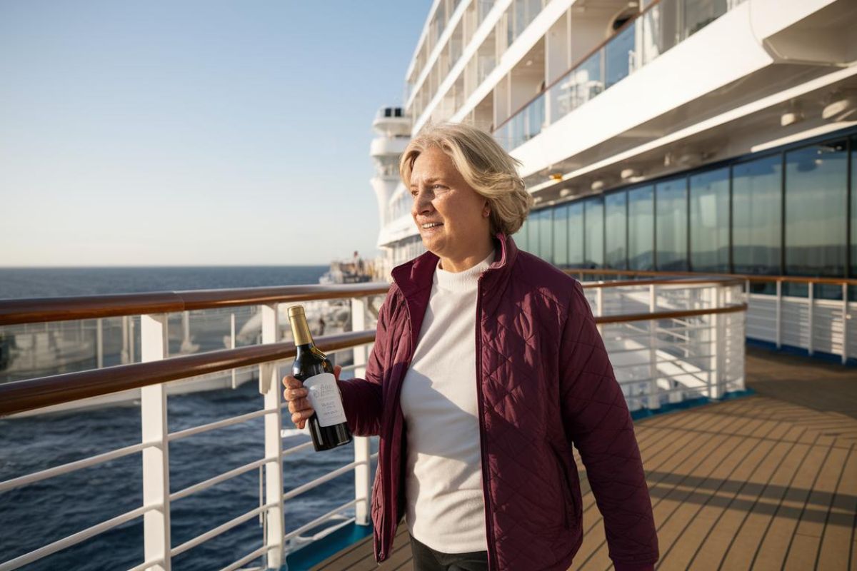 Lady holding a bottle of wine on a cruise ship from the UK