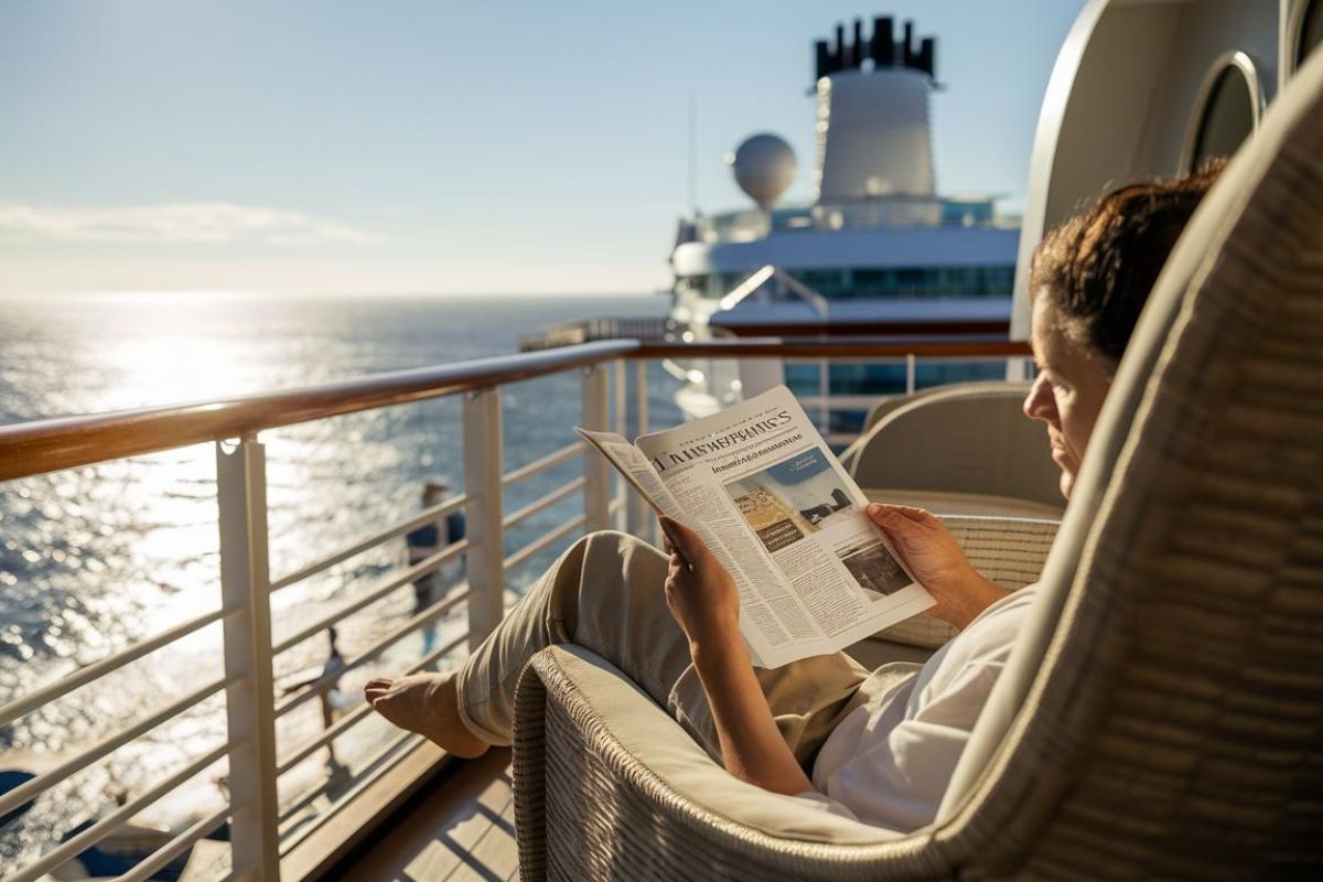 Lady reading her cruise newsletter on the deck of a cruise ship