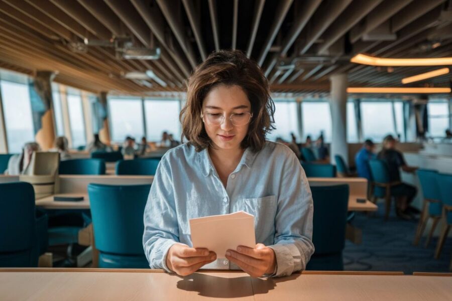 Lady reading the daily newsletter on her cruise from the uk