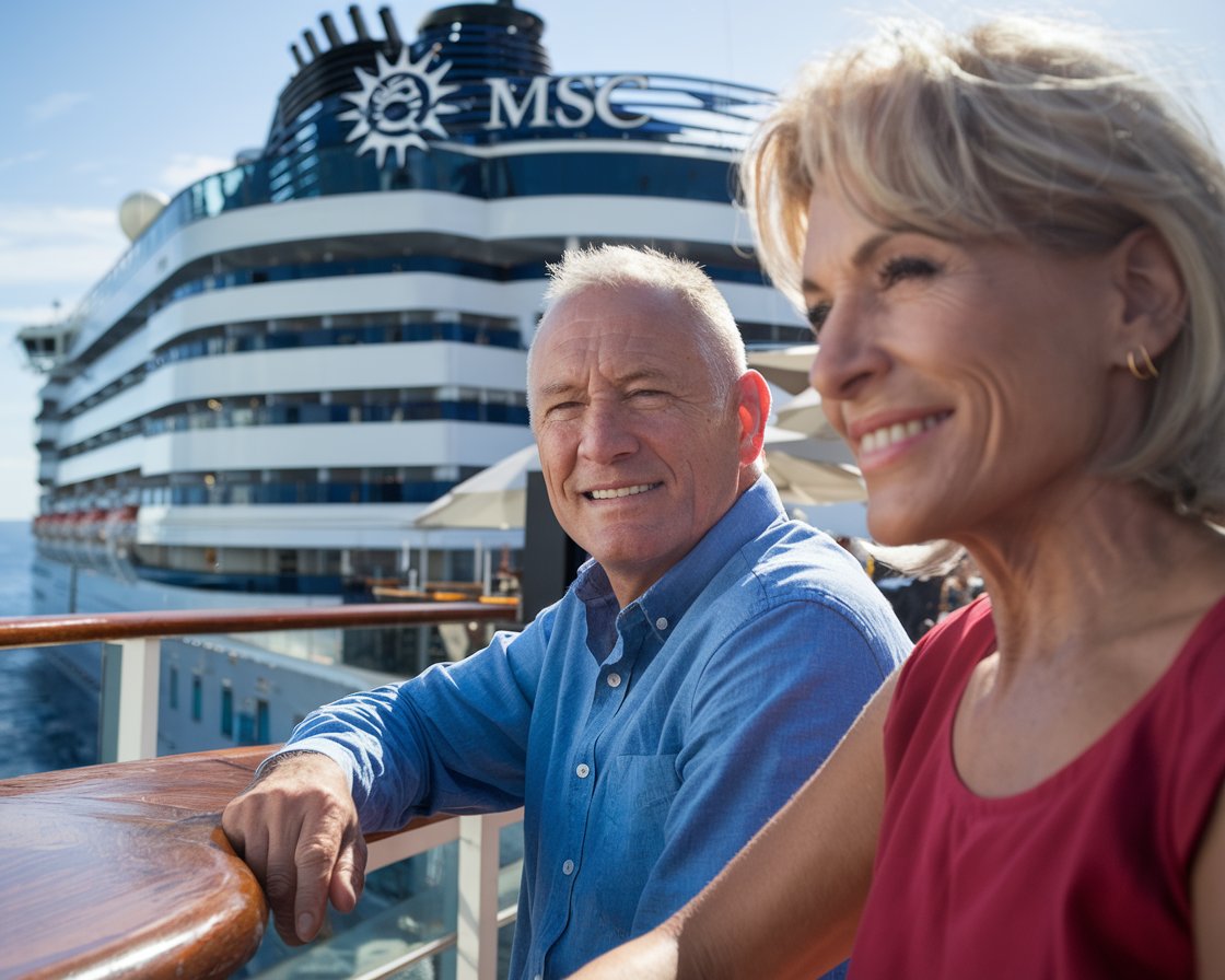 Man and a women at the bar on top deck of an MSC cruise ship