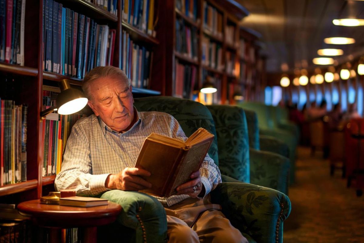 Man reading a book in the library on a cruise ship